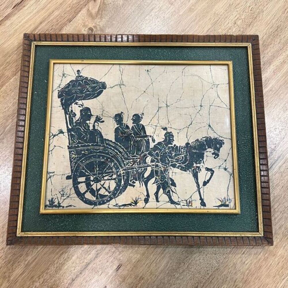 Framed art of batik handmade Taiwan‎ China Chinese horse carriage unique frame!!